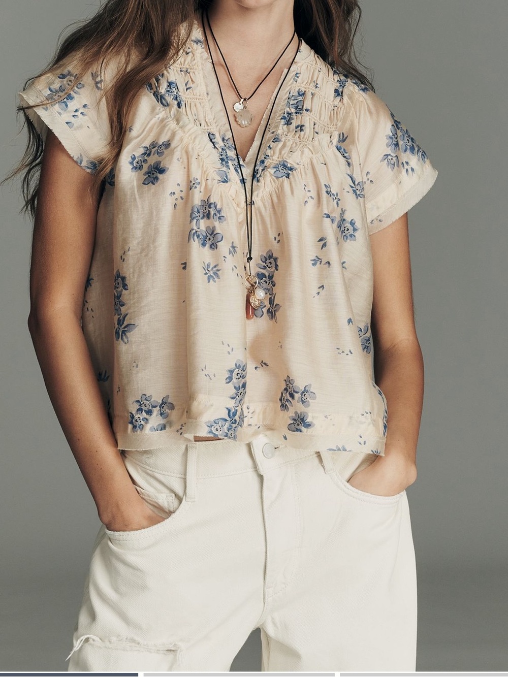 Anthropologie Peach Blouse with Blue Floral Print